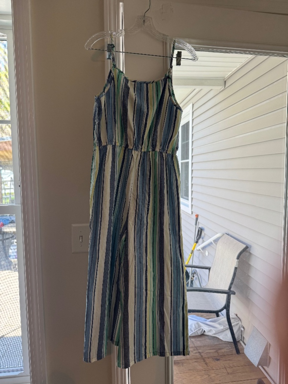Derek Heart Blue/green striped capri jumpsuit. Size Large NWT